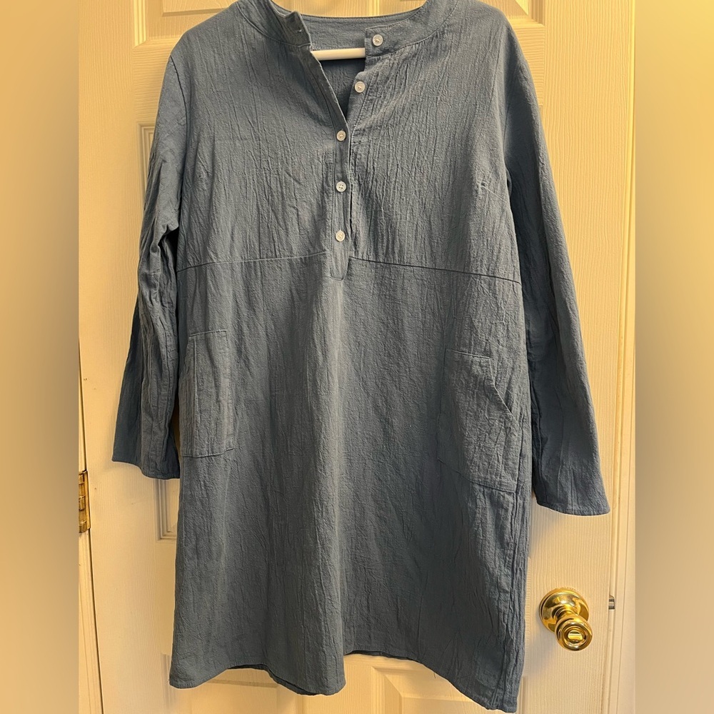 Blue Women’s Long Sleeve Button-Up Dress W Pockets NWOT